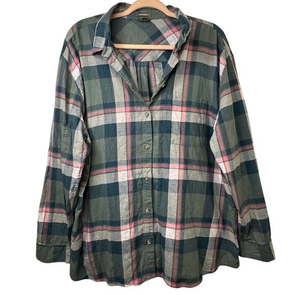 Tall 2XL Eddie Bauer Plaid Flannel Button Up Shirt Green Pink Cotton Boyfriend - Picture 1 of 6